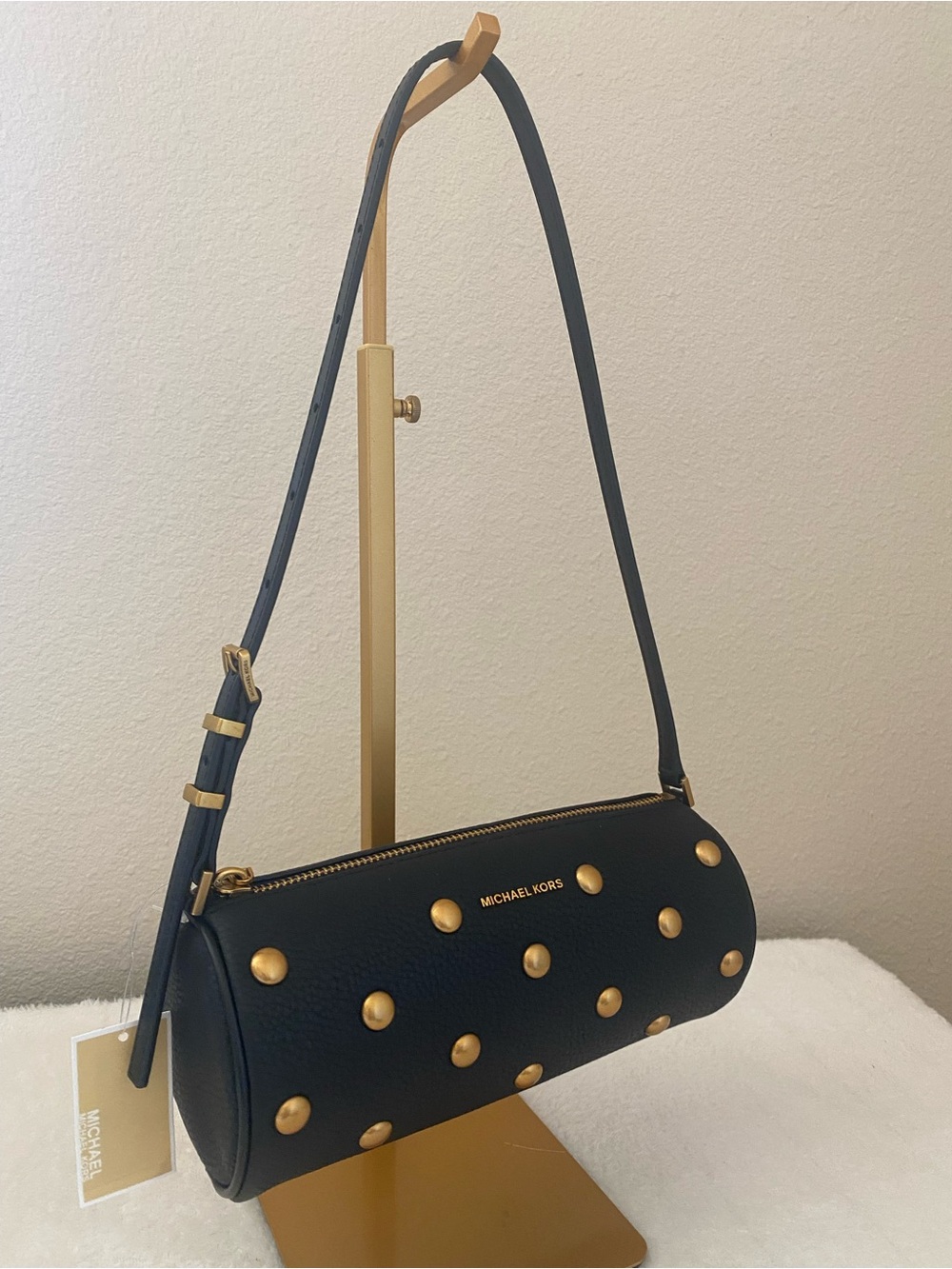 Michael Kors Black Leather Barrel Crossbody with Gold Studs